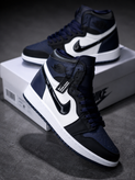کفش کتانی مردانه زنانه نایک ایر جردن 1 ساقدار سفید سورمه ایی Nike Air Jordan 1 palomino